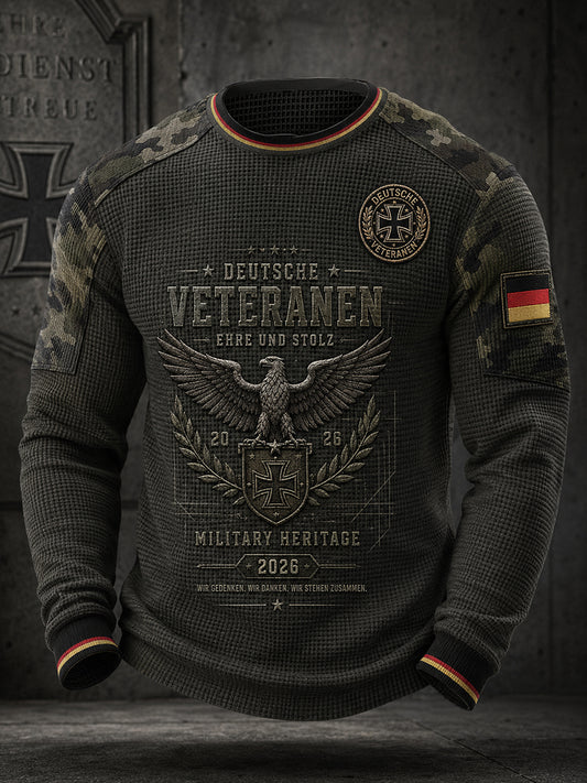 Herren-Vintage-Waffelstrick-Langarm-T-Shirt mit Camouflage-Print im Militärstil
