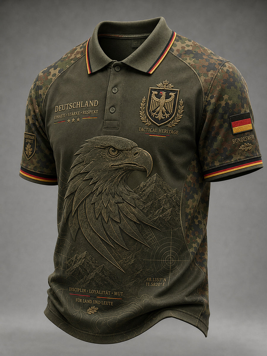 Herren-Poloshirt mit camouflagefarbenem Veteranen-Print und kurzen Ärmeln