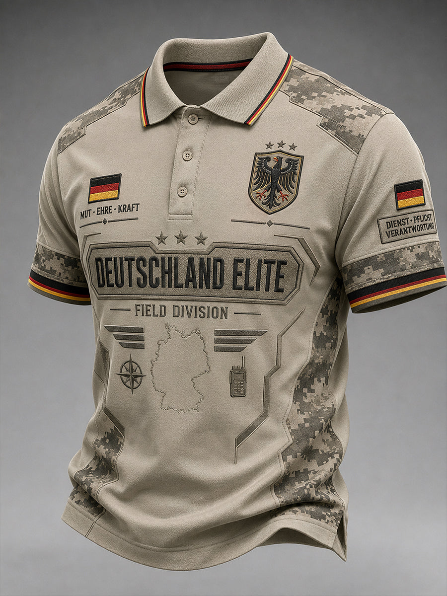 Herren-Poloshirt mit camouflagefarbenem Veteranen-Print und kurzen Ärmeln