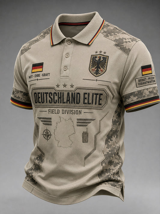 Herren-Poloshirt mit camouflagefarbenem Veteranen-Print und kurzen Ärmeln