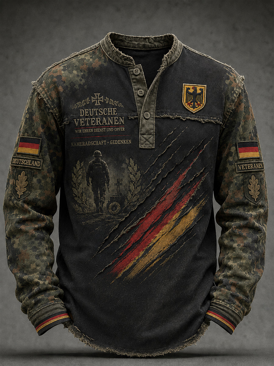 Herren-Top in Vintage-Stil mit Camouflage-Print und langen Ärmeln, im Veteranen-Design