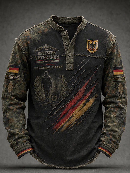 Herren-Top in Vintage-Stil mit Camouflage-Print und langen Ärmeln, im Veteranen-Design