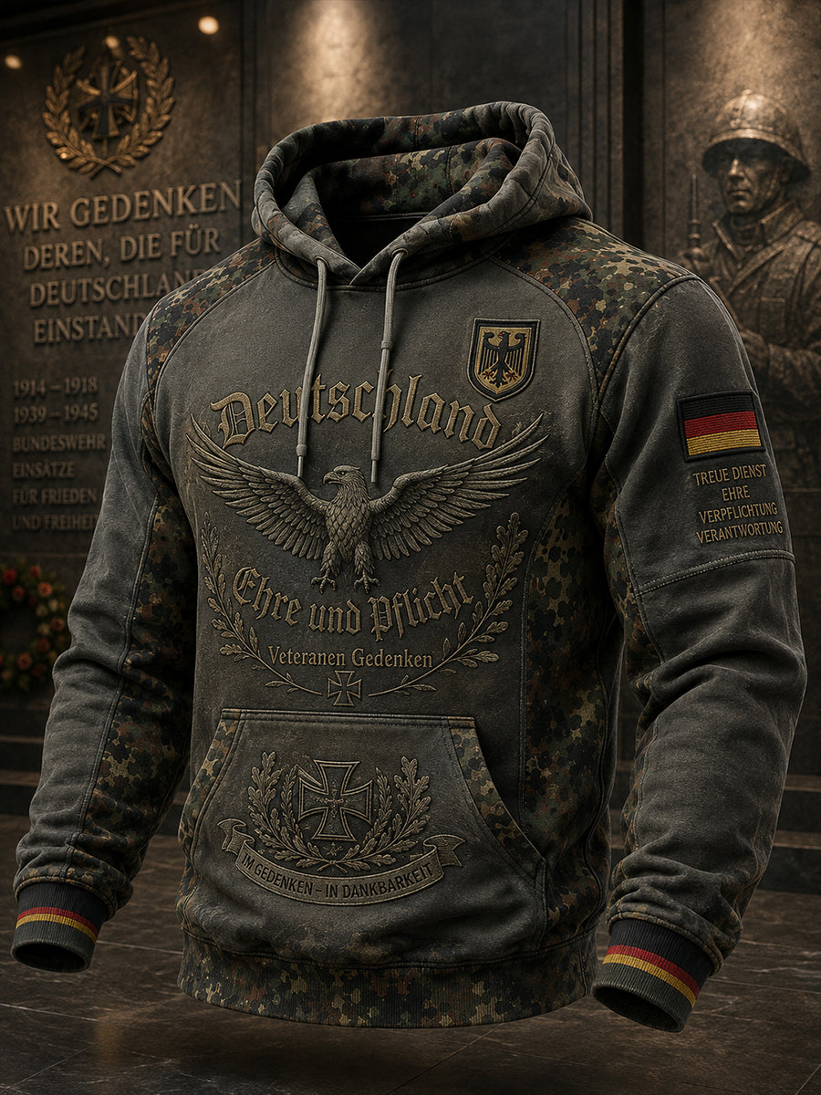 Herren-Vintage-Kapuzenpullover mit Camouflage-Print und langen Ärmeln, im Veteranen-Stil