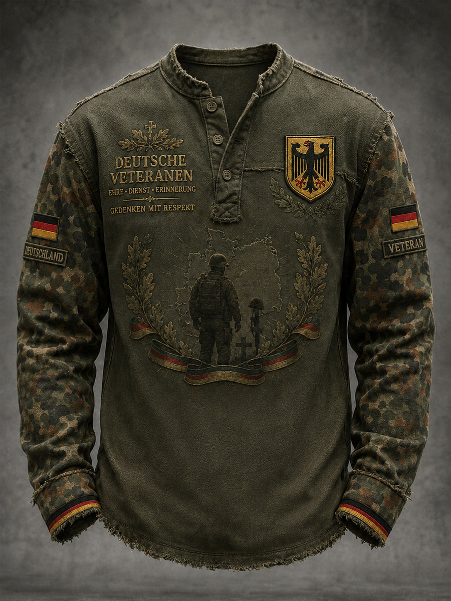 Herren-Top in Vintage-Stil mit Camouflage-Print und langen Ärmeln, im Veteranen-Design