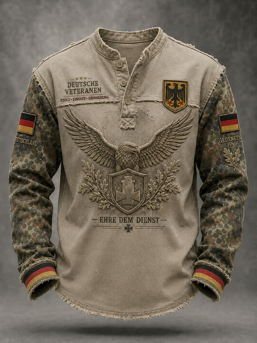 Herren-Top in Vintage-Stil mit Camouflage-Print und langen Ärmeln, im Veteranen-Design
