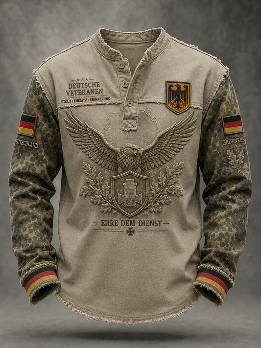 Herren-Top in Vintage-Stil mit Camouflage-Print und langen Ärmeln, im Veteranen-Design