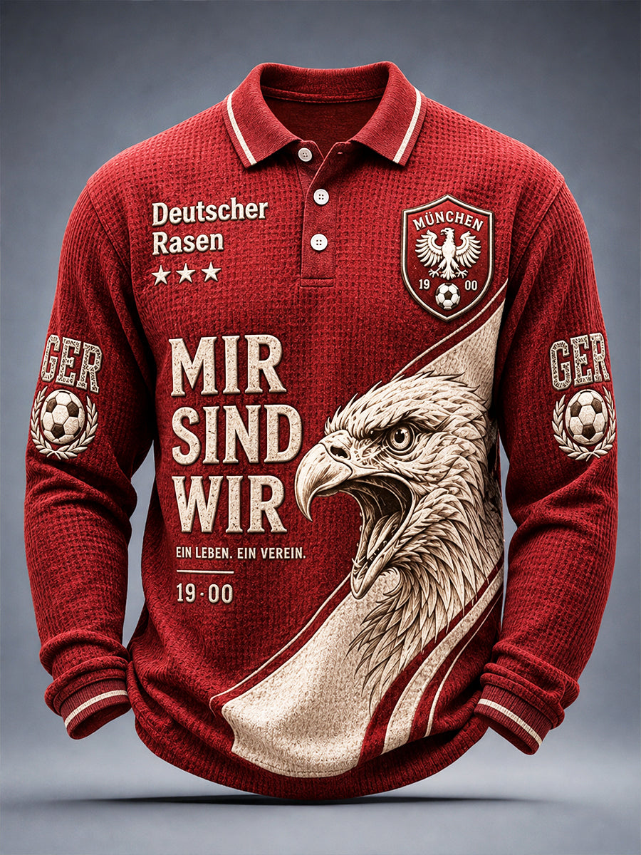 Rotes Herren-Fußball-Polo-Shirt des FC Bayern München mit Adler-Print für den Frühherbst, langärmlig
