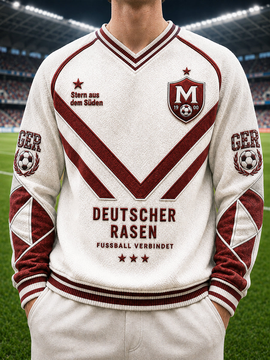 Herren-Sweatshirt in Weiß mit Fußballmotiv des FC Bayern München, lässiger V-Ausschnitt