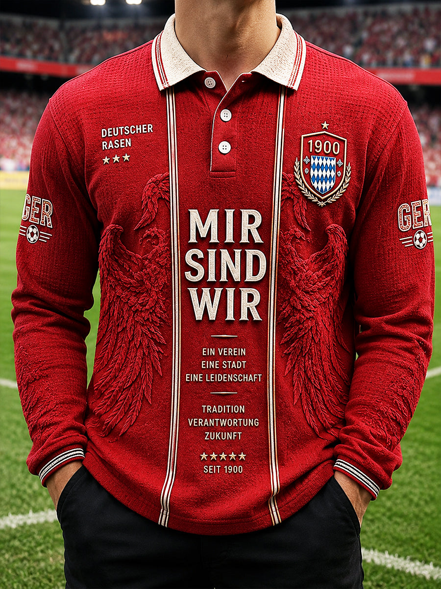 Rotes Herren-Poloshirt im Fußball-Design des FC Bayern München, langärmelig, für den frühen Herbst