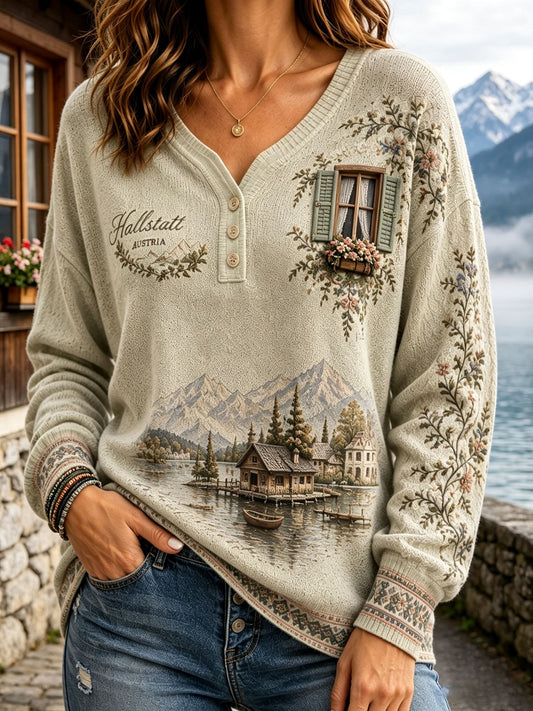 Damen-Top mit V-Ausschnitt, Vintage-Print im österreichischen Landhausstil