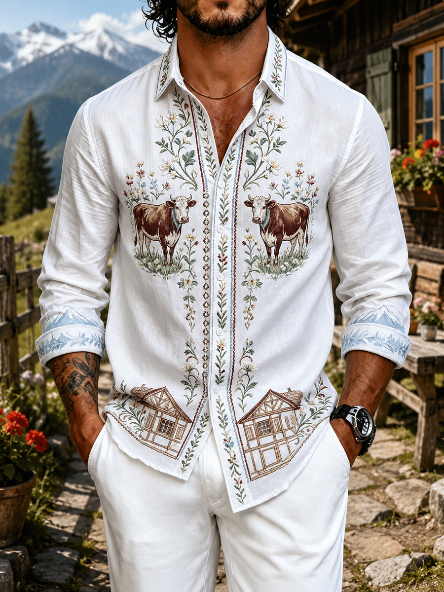 Herren-Retro-Hemd im österreichischen Landhausstil mit Kunstdruck, lässig, langärmlig
