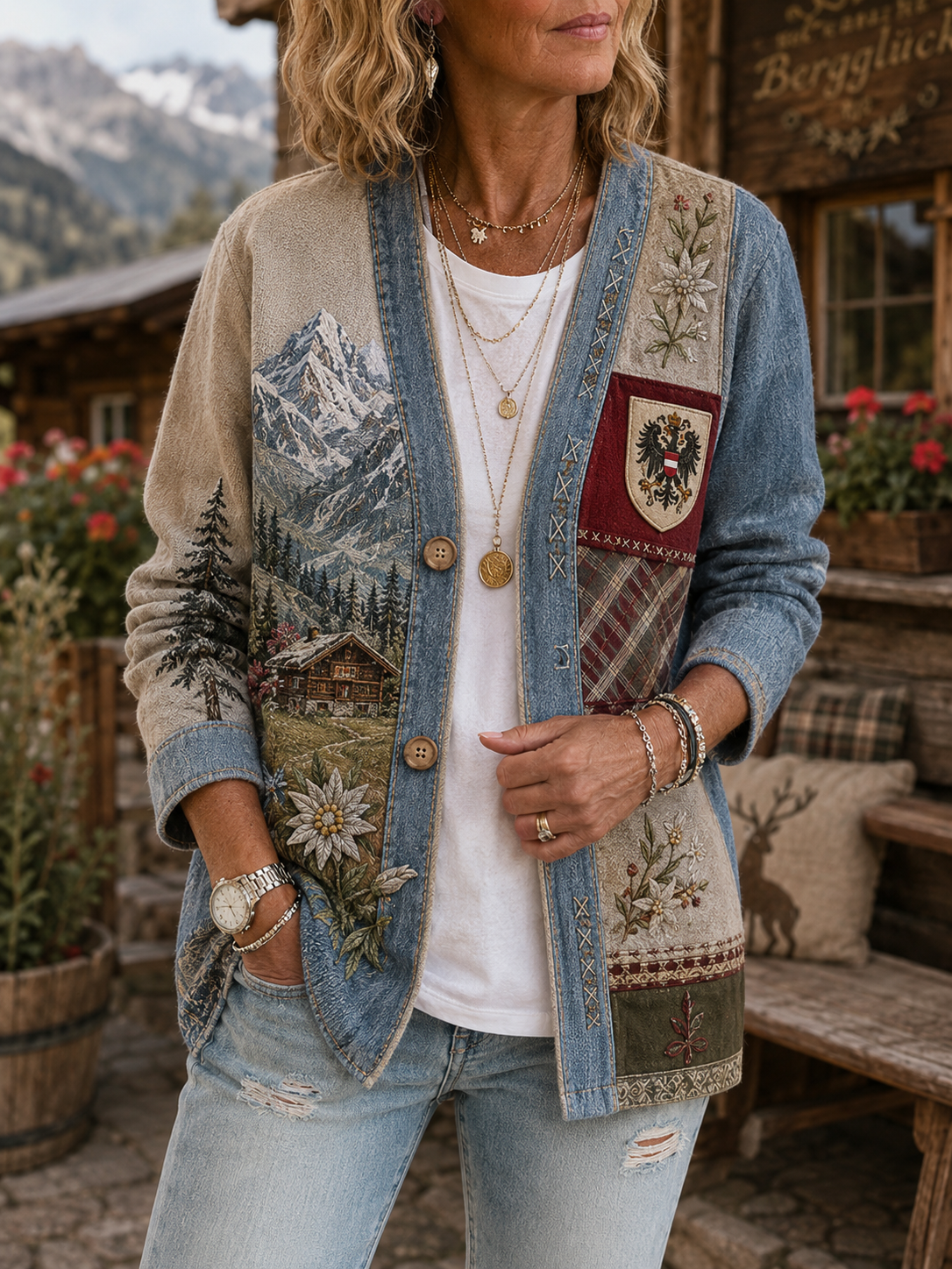 Frauen Österreich ische ländliche Kultur Denim Casual Cardigan