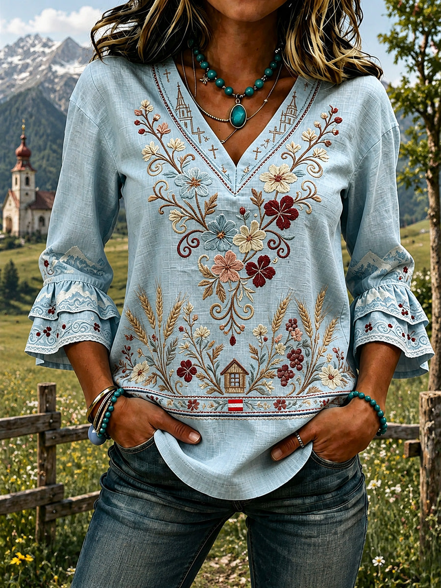 Damen-Bluse im Vintage-Stil mit österreichischer Landschafts‑Kunst‑Druck