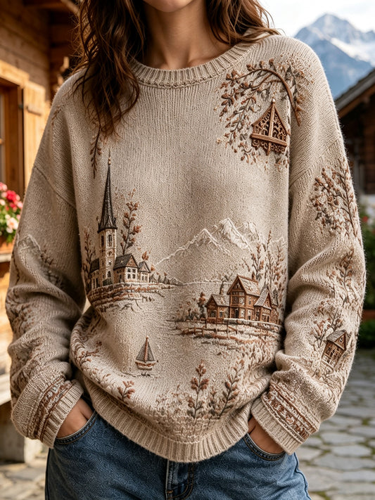 Damen-Retro-Pullover mit Rundhalsausschnitt und österreichischem Landschaftsdruck