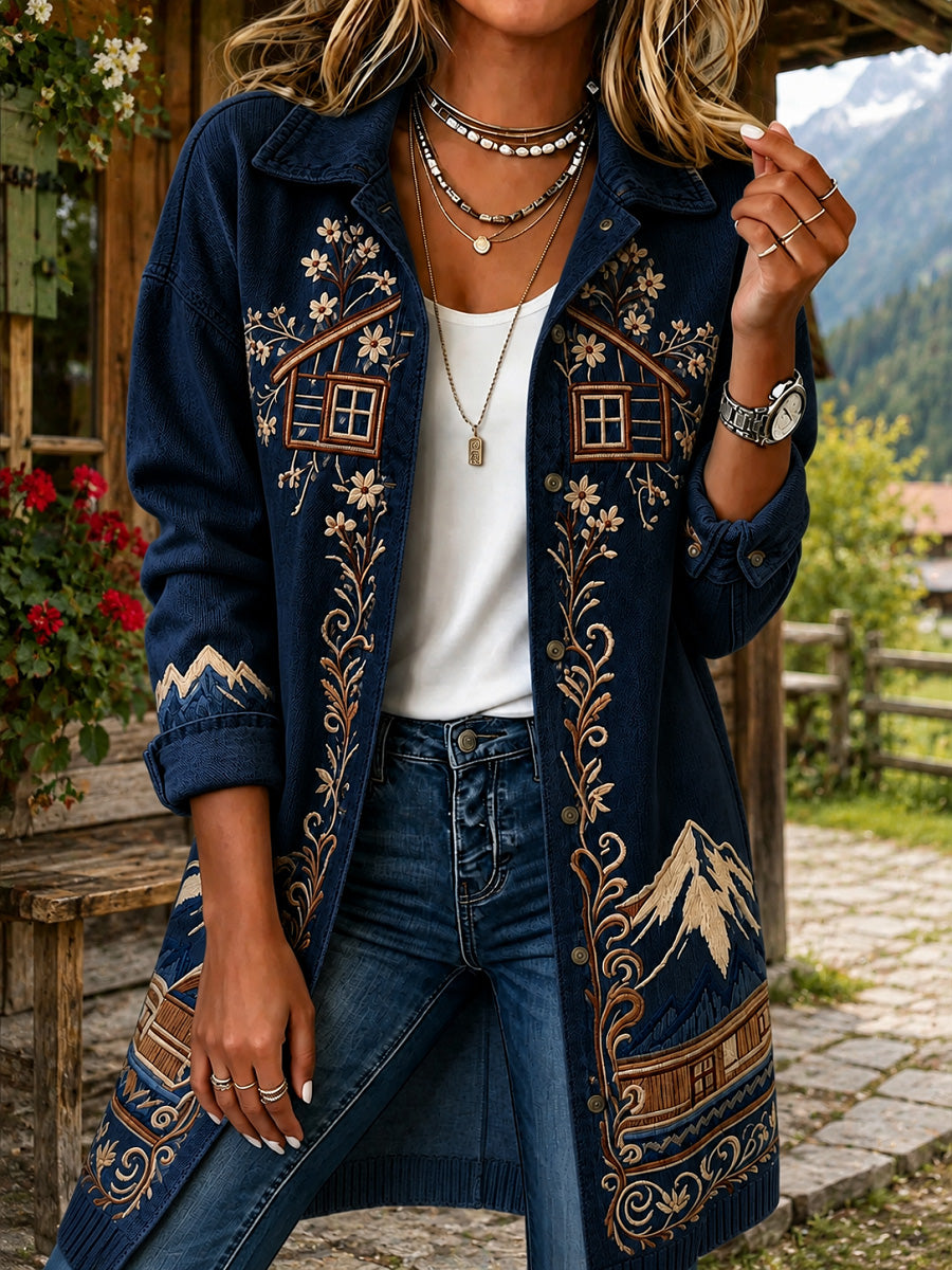 Damen-Vintage-Jacke mit österreichischem Landschaftsdruck und Stickerei