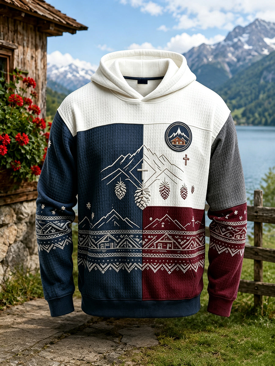 Herren-Kapuzenpullover im Vintage-Stil mit österreichischem Landkult-Print und Waffelstruktur