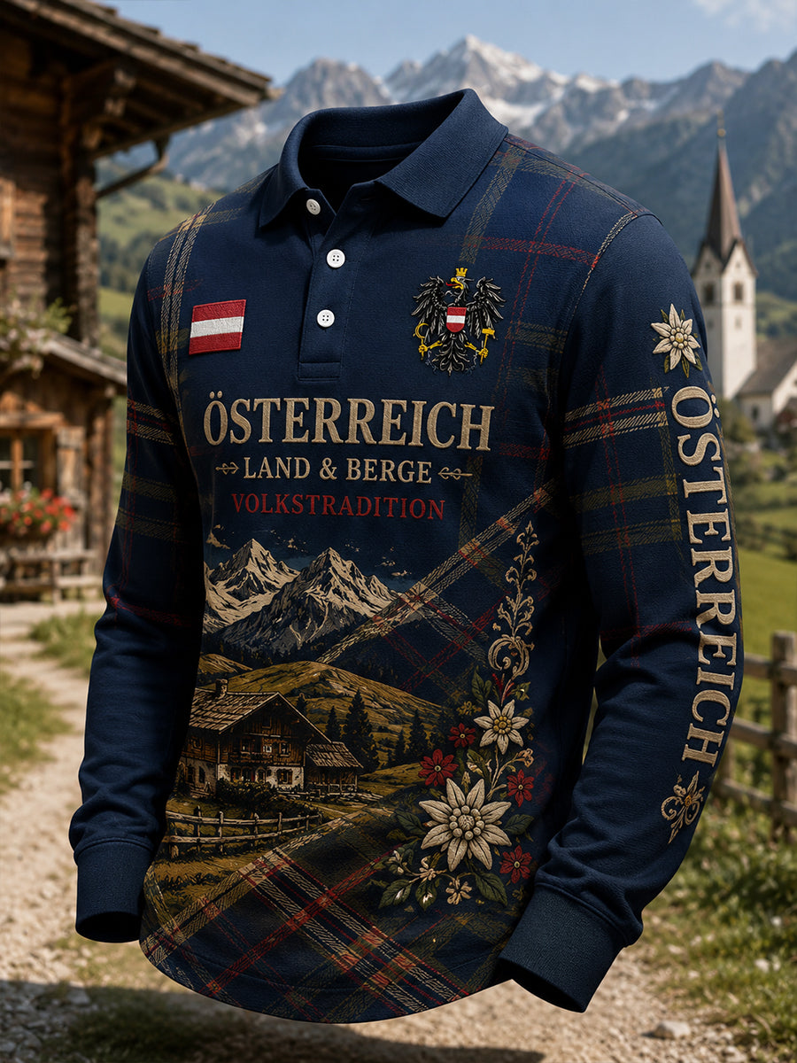Langärmliges Polos hirt für Männer mit rustikalem kulturellem Gedenk druck