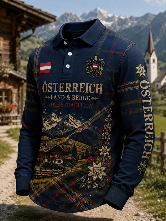 Langärmliges Polos hirt für Männer mit rustikalem kulturellem Gedenk druck