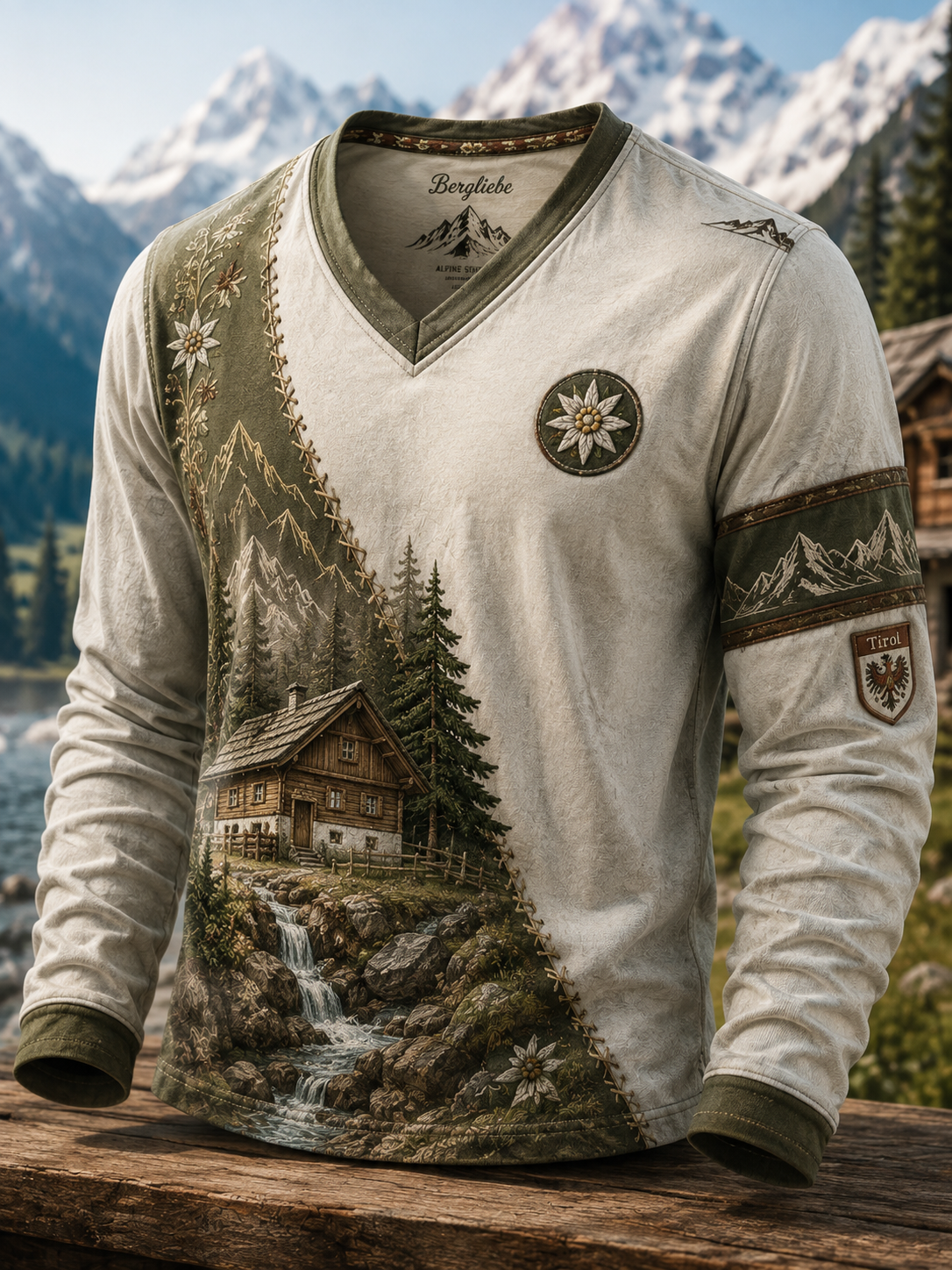Herren-Waffelpiqué-T-Shirt mit langen Ärmeln im österreichischen Landhausstil