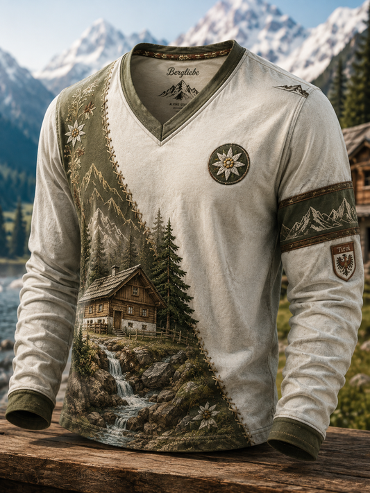 Herren-Waffelpiqué-T-Shirt mit langen Ärmeln im österreichischen Landhausstil