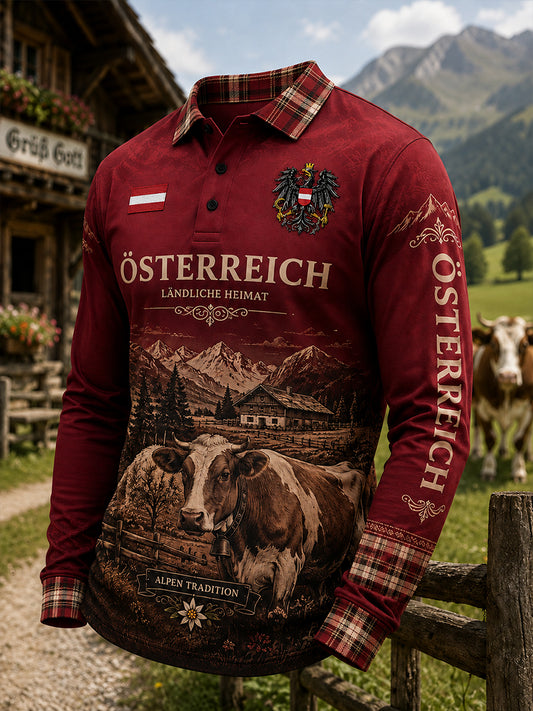 Herren-Poloshirt mit langen Ärmeln und rustikalem, kulturellem Jubiläumsdruck