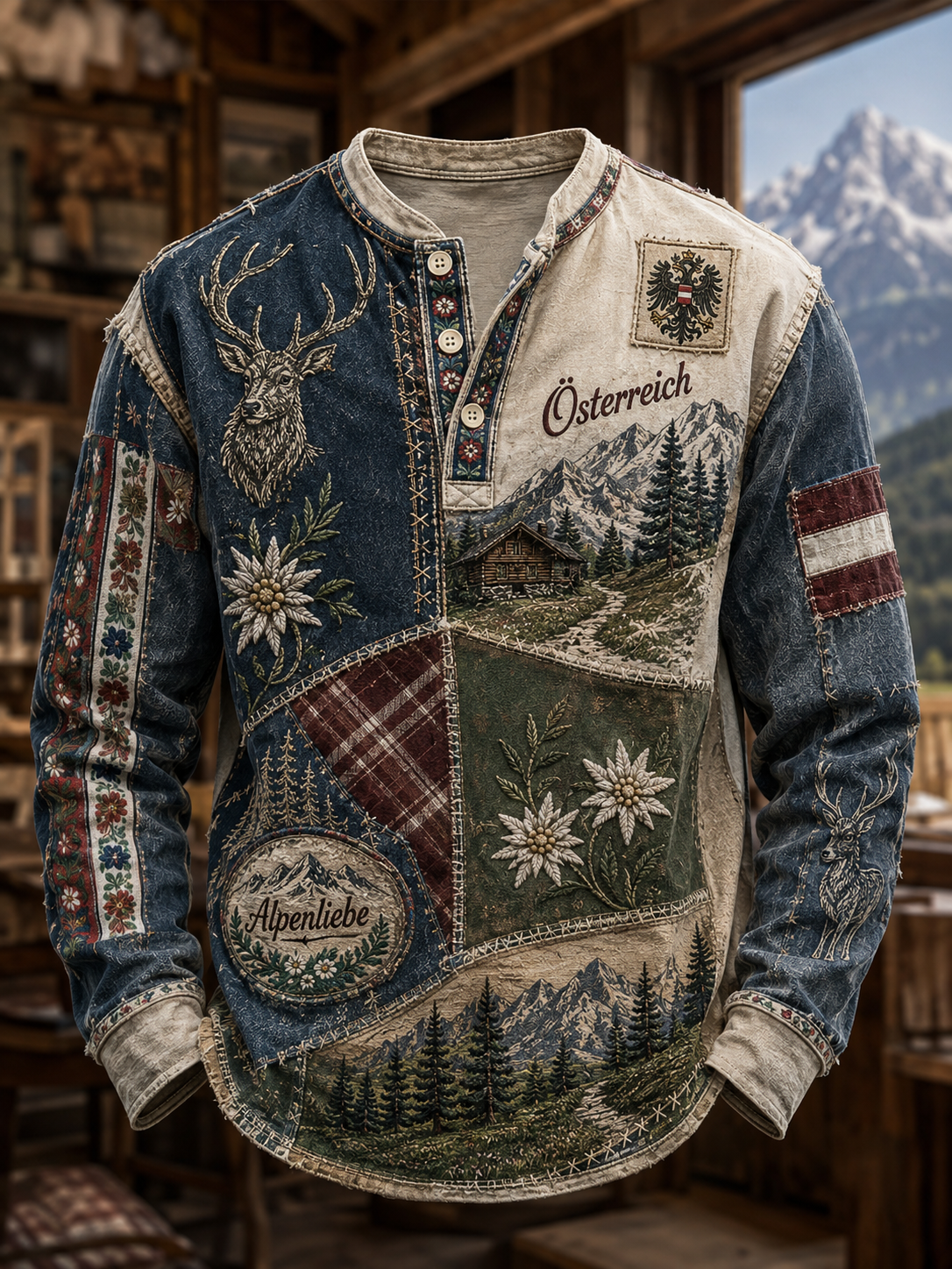 Herren-Casual-T-Shirt im österreichischen Landhausstil mit Knöpfen