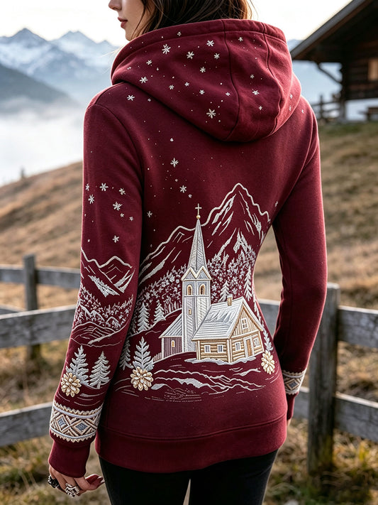 Damen-Kapuzenpullover im schmalen Schnitt mit Vintage-Print im österreichischen Landhausstil