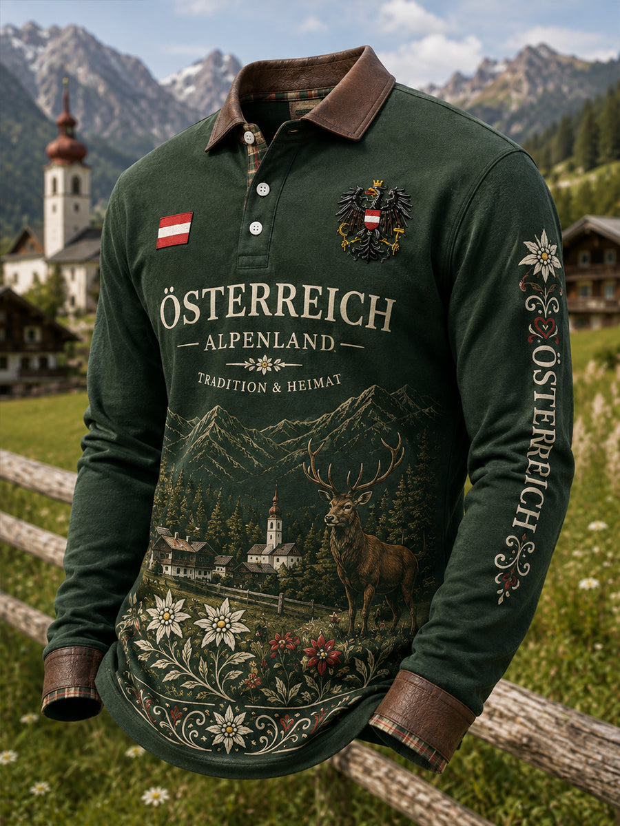 Herren-Poloshirt mit langen Ärmeln und rustikalem, kulturellem Jubiläumsdruck
