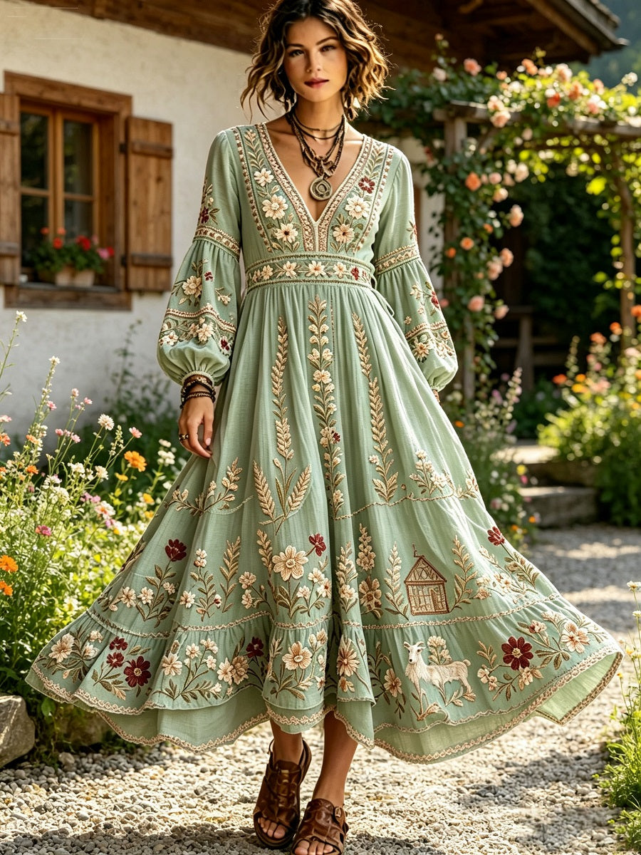 Damen-Langkleid im Vintage-Stil mit V-Ausschnitt und bedrucktem österreichischem Landschaftsmotiv
