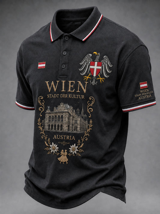 Herren-Poloshirt mit kurzen Ärmeln und urbanem, denkwürdigem Grafikdruck