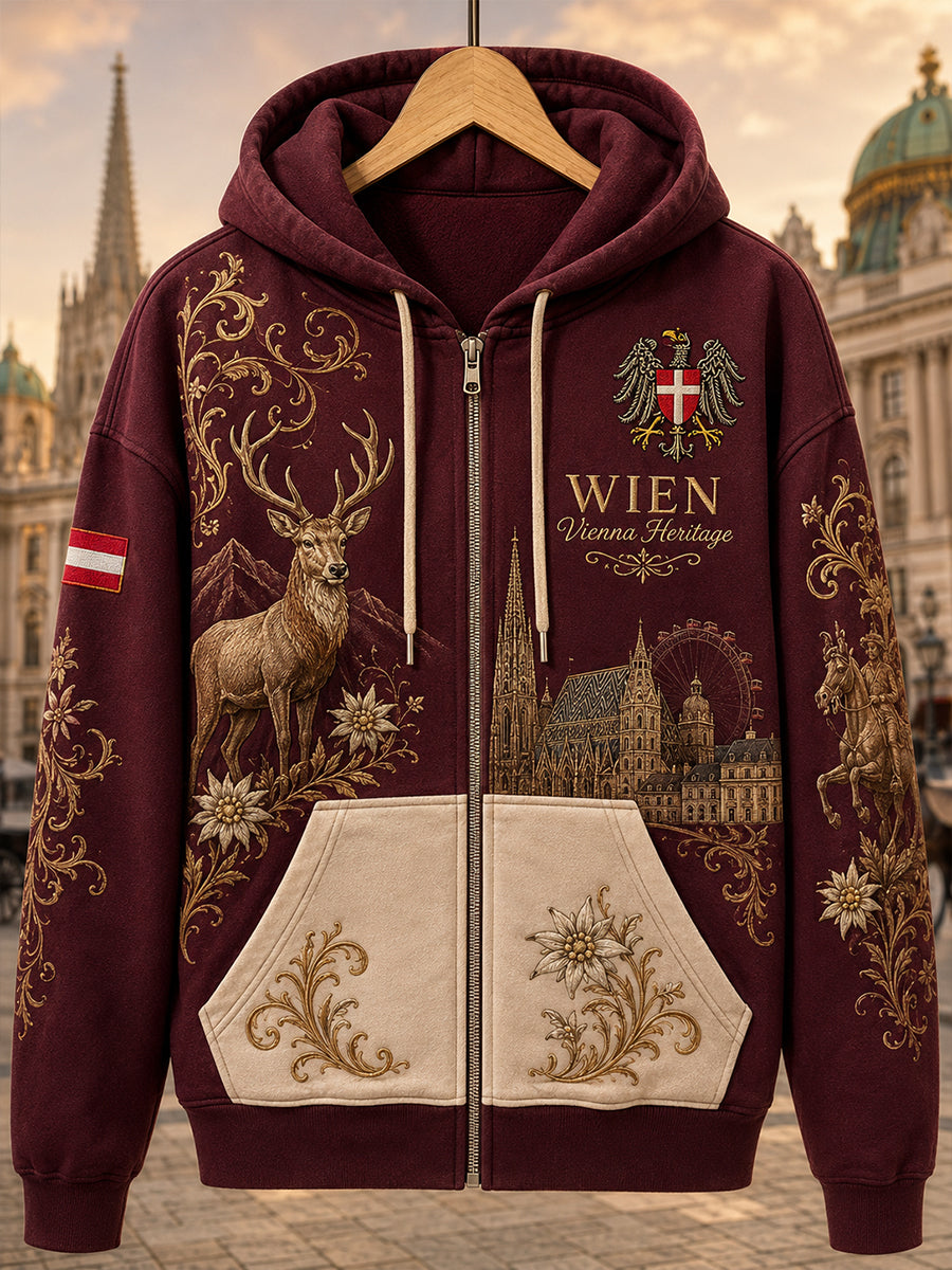 Damen-Vintage-Städte-Souvenir-Print-Kapuzenpullover mit Reißverschluss und langen Ärmeln