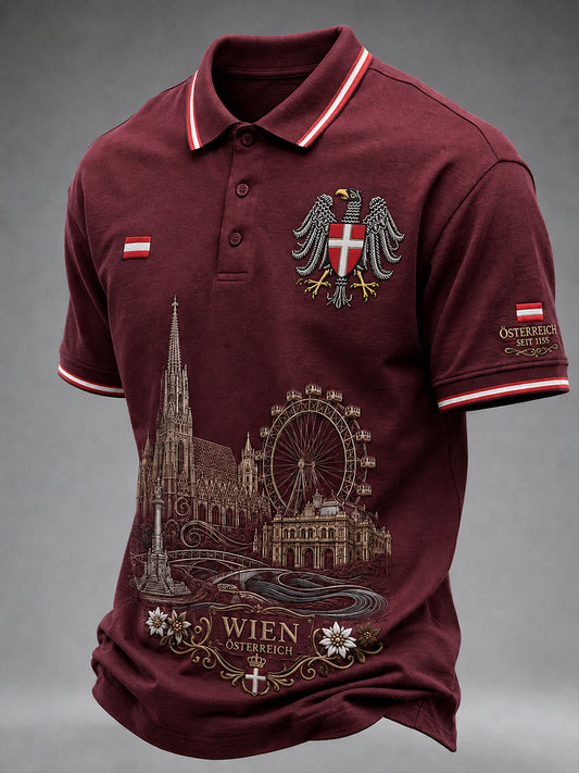 Herren-Poloshirt mit kurzen Ärmeln und urbanem, denkwürdigem Grafikdruck