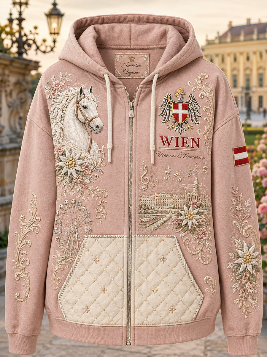 Damen-Vintage-Städte-Souvenir-Print-Kapuzenpullover mit Reißverschluss und langen Ärmeln