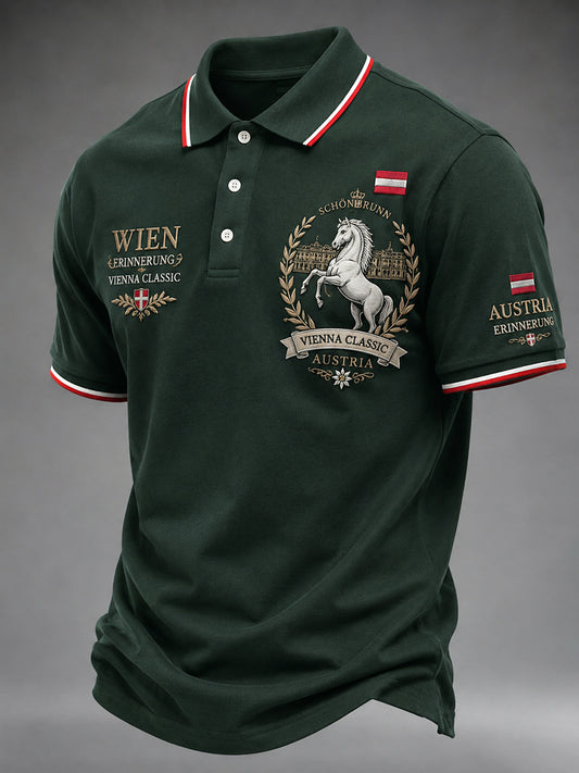 Herren-Poloshirt mit kurzen Ärmeln und urbanem, denkwürdigem Grafikdruck