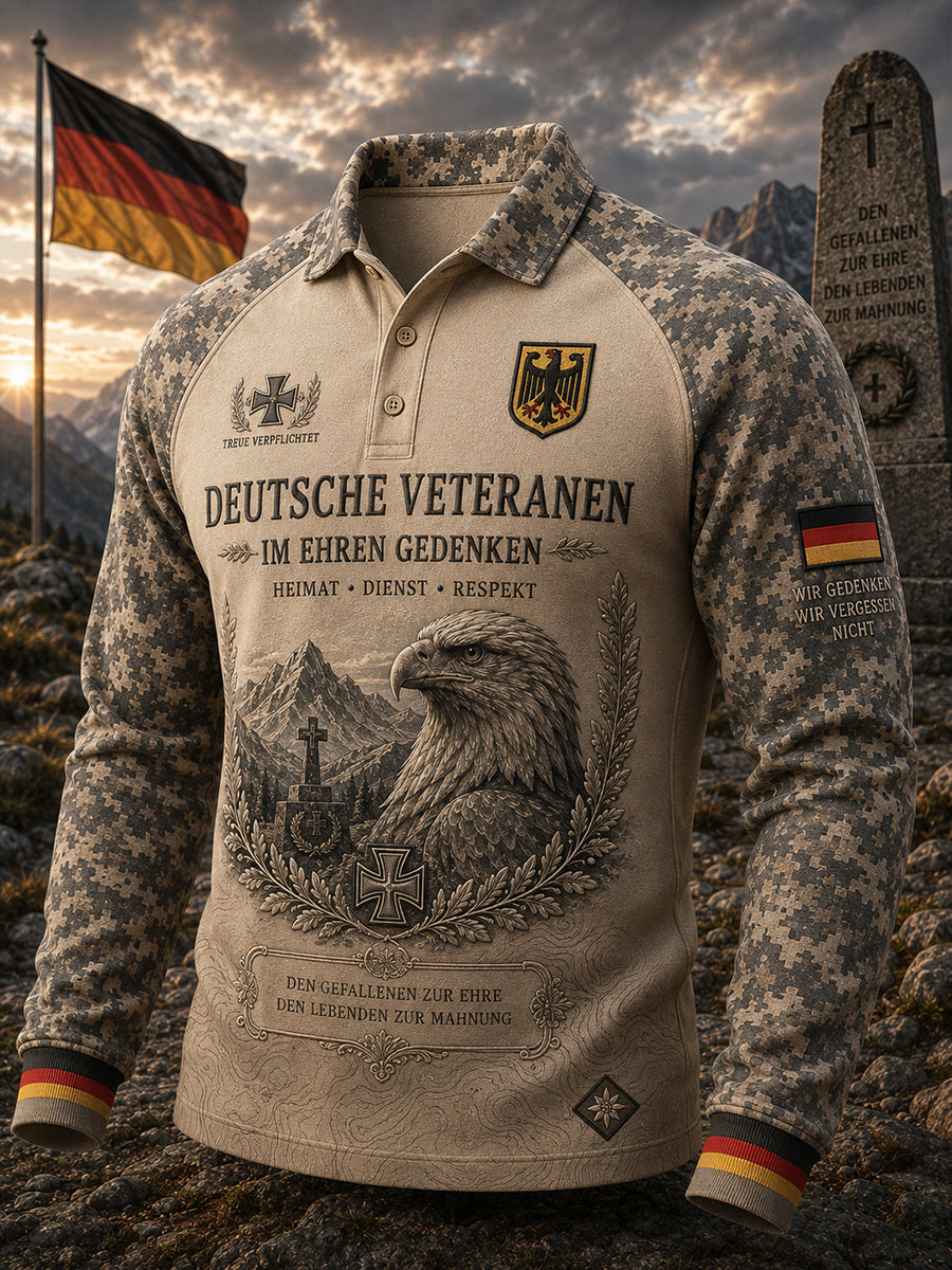 Herren-Vintage-Camouflage-Raglan-Poloshirt mit langen Ärmeln und Gedenkdruck für Veteranen
