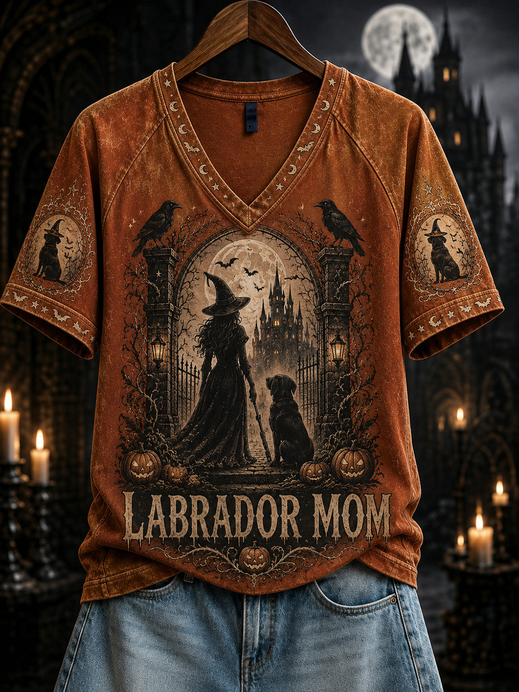 Damen-Halloween-T-Shirt mit Druckmuster von Hexe und Hund, lässig, kurzärmlig