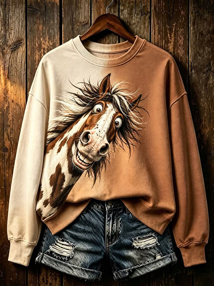 Damen-Sweatshirt mit Pferdeprint, reguläre Passform