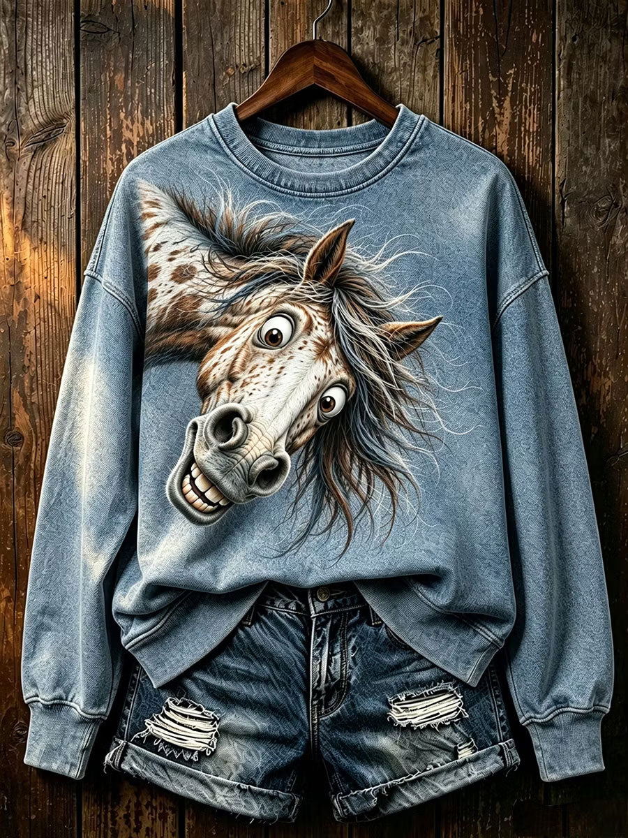 Damen-Sweatshirt mit Pferdeprint, reguläre Passform