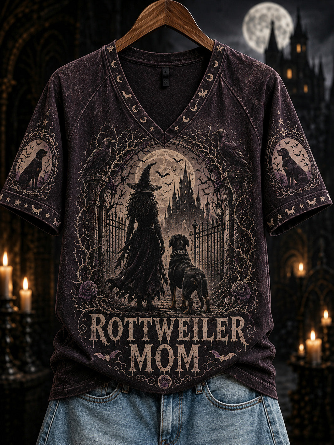 Damen-Halloween-T-Shirt mit Druckmuster von Hexe und Hund, lässig, kurzärmlig
