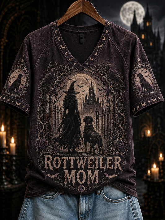 Damen-Halloween-T-Shirt mit Druckmuster von Hexe und Hund, lässig, kurzärmlig