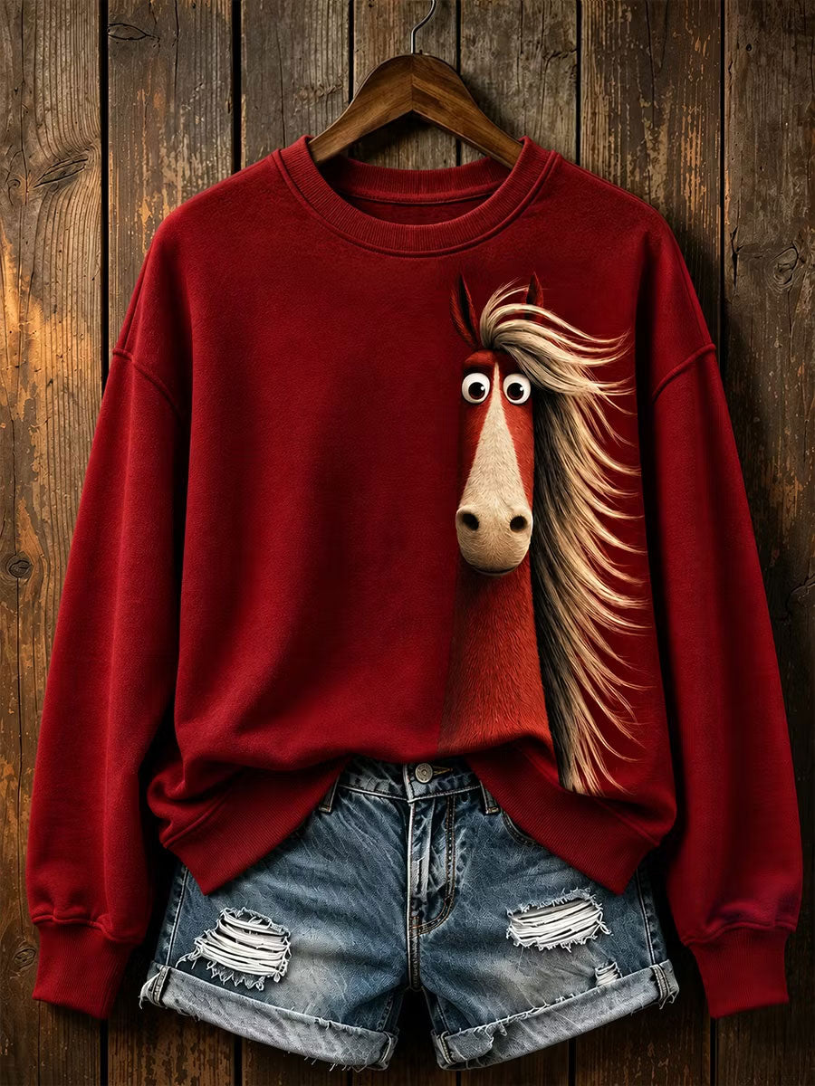 Damen-Sweatshirt mit Pferdeprint, reguläre Passform