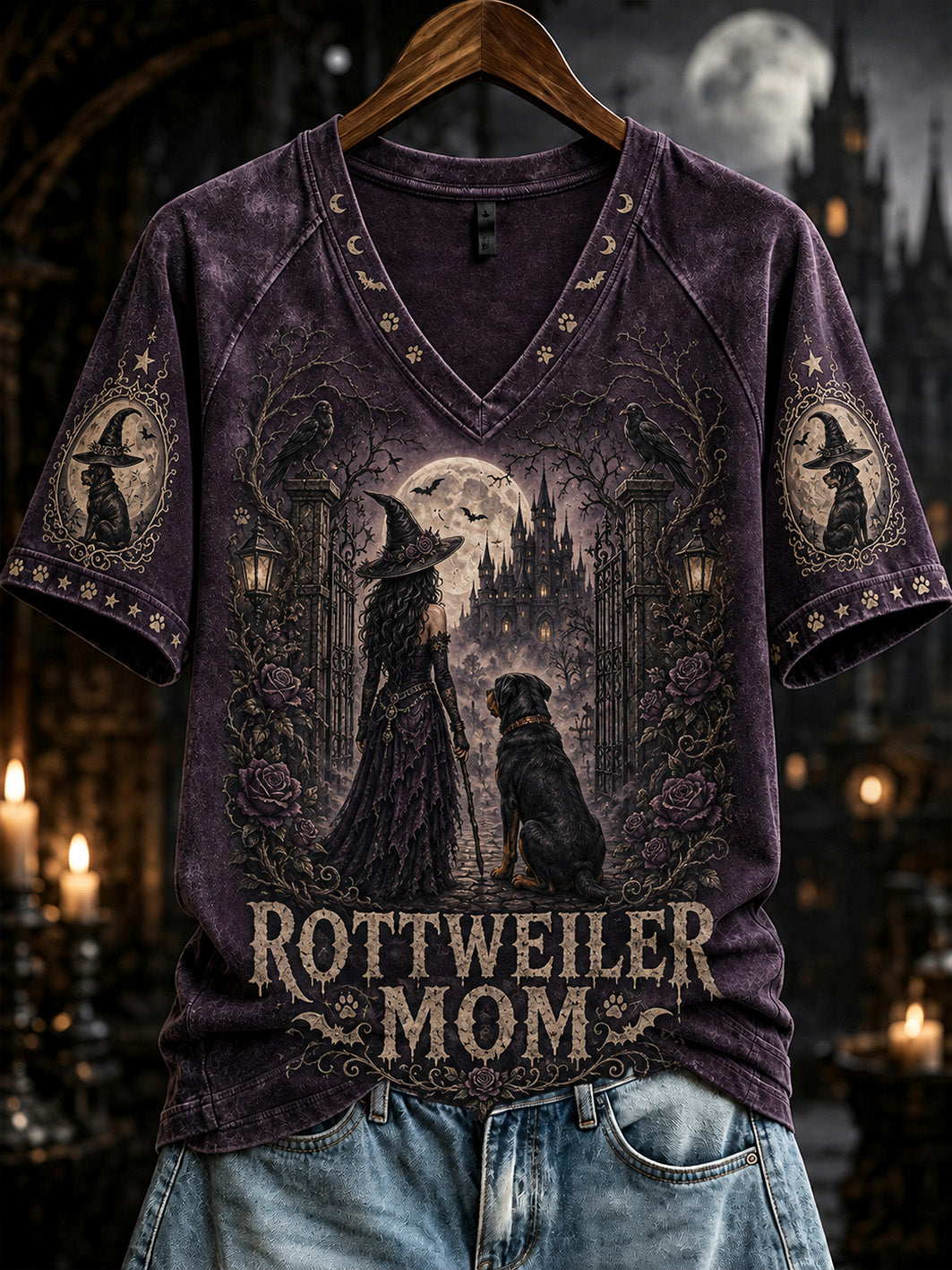 Damen-Halloween-T-Shirt mit Druckmuster von Hexe und Hund, lässig, kurzärmlig