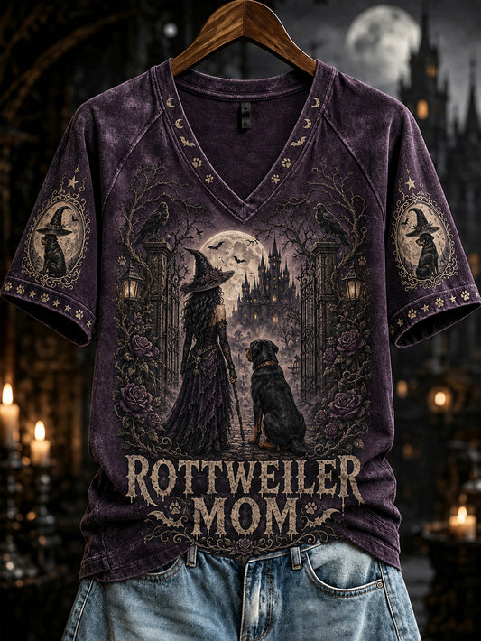 Damen-Halloween-T-Shirt mit Druckmuster von Hexe und Hund, lässig, kurzärmlig