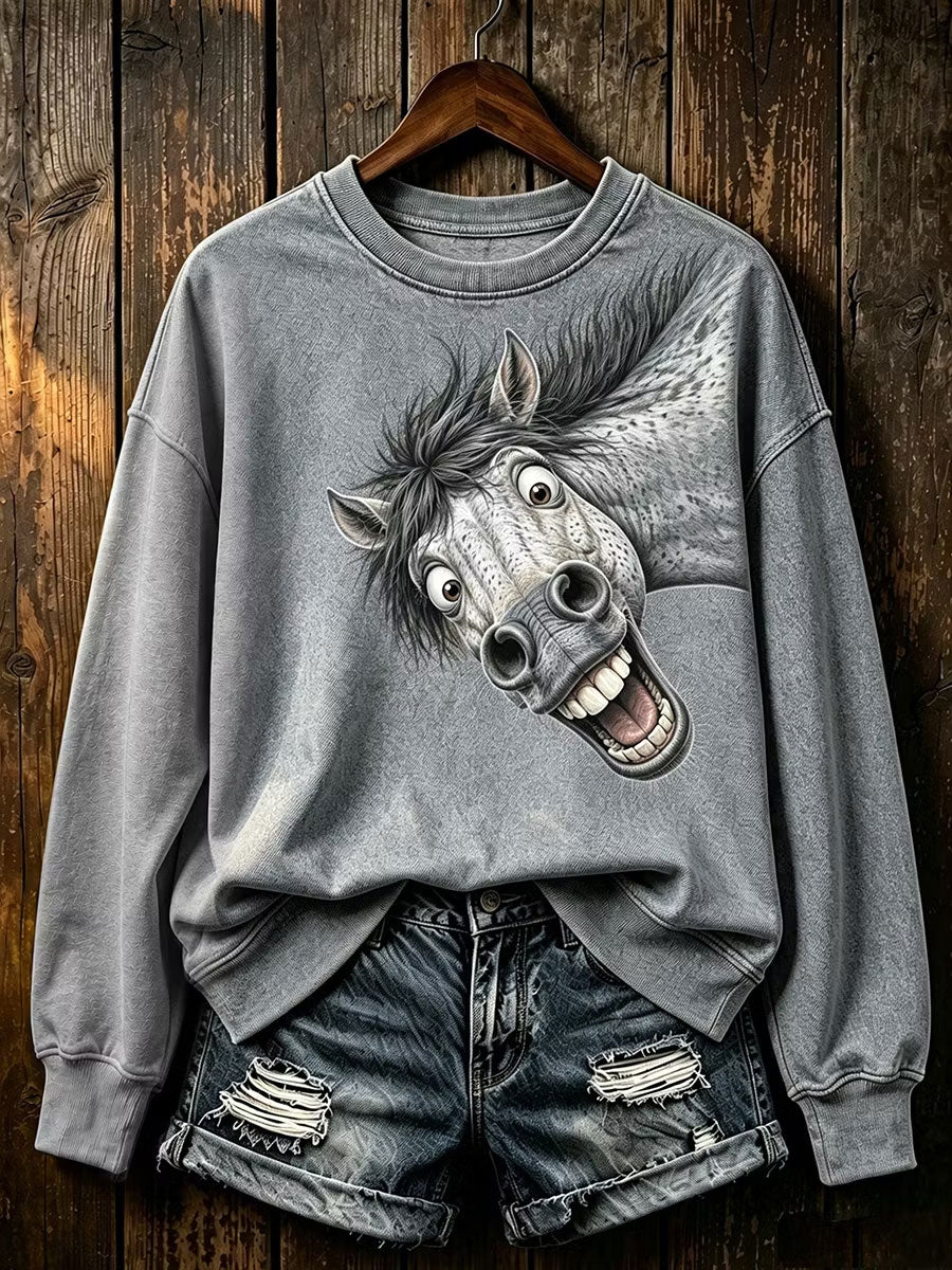 Damen-Sweatshirt mit Pferdeprint, reguläre Passform