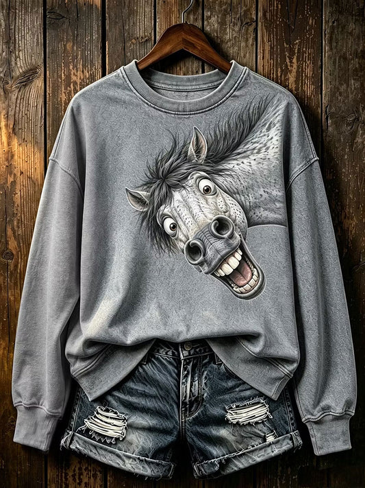 Damen-Sweatshirt mit Pferdeprint, reguläre Passform