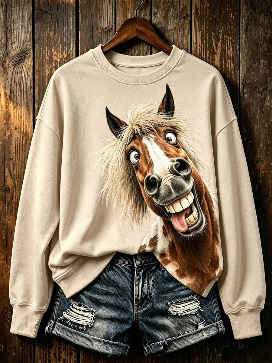 Damen-Sweatshirt mit Pferdeprint, reguläre Passform