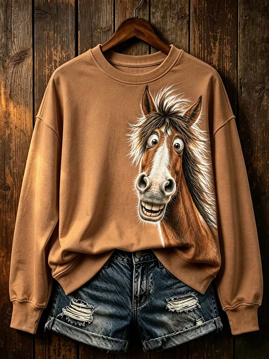 Damen-Sweatshirt mit Pferdeprint, reguläre Passform