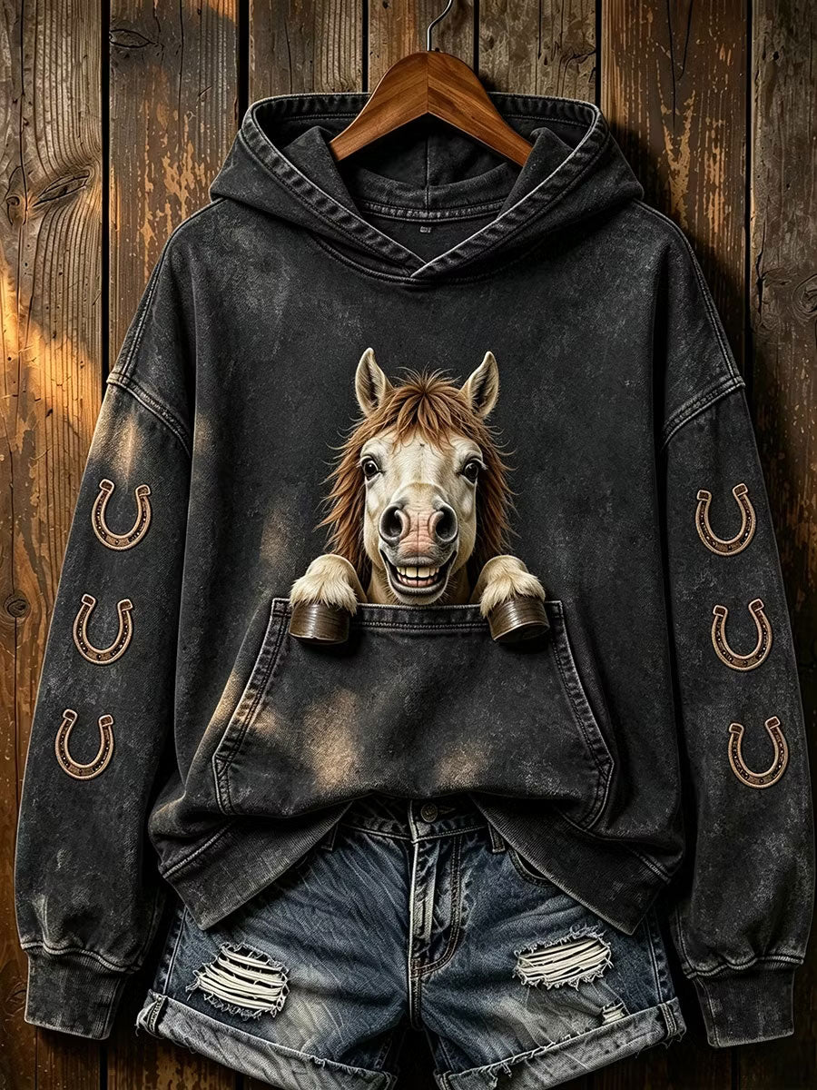 Damen-Sweatshirt mit Pferdeprint, reguläre Passform