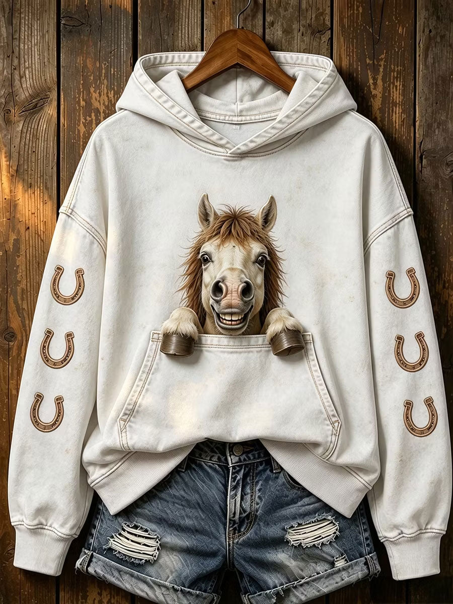 Damen-Sweatshirt mit Pferdeprint, reguläre Passform