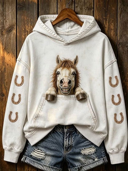 Damen-Sweatshirt mit Pferdeprint, reguläre Passform